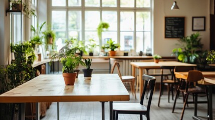 Bright office canteen featuring communal tables, light wood finishes, and decorative plants with a clean, modern aesthetic