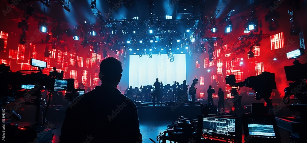 Poster a stage setup with vibrant lights and camera equipment for a live performance.