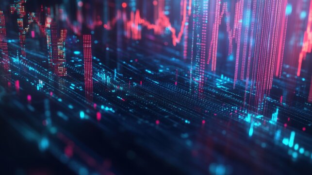 Abstract financial data lines overlaying a digital cityscape, symbolizing urban finance and stock trends.