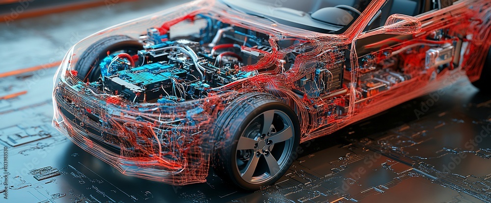 Aufkleber a transparent car model showcasing its intricate internal components.