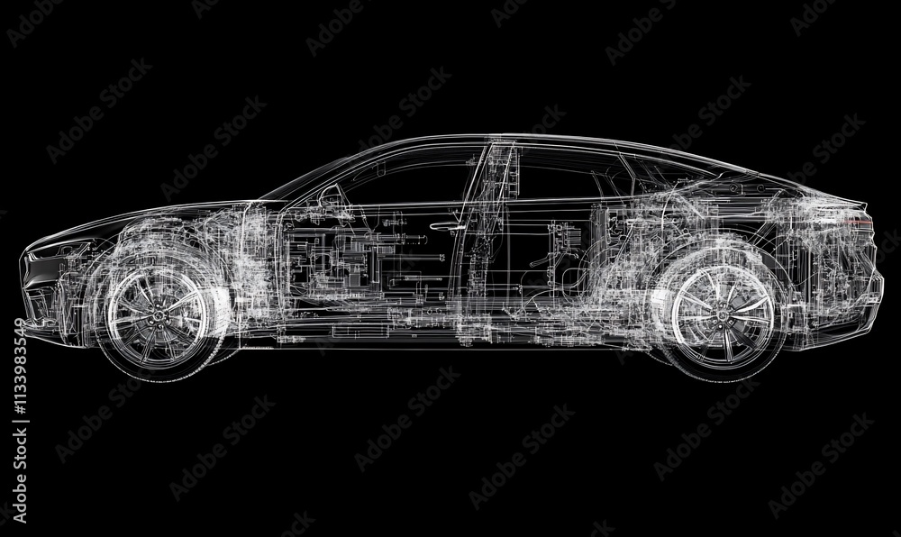 Poster a transparent illustration of a car's internal components and structure.