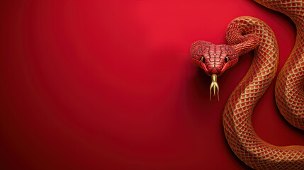 Fototapeta premium A vibrant red background features a detailed snake, showcasing its scales and piercing eyes, creating a striking visual contrast. Chinese New Year, festival, decoration, greeting card, banner, poster