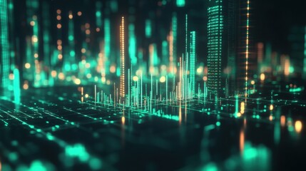 Abstract financial data visualization with 3D candlesticks and stock indicators in a glowing neon green theme.