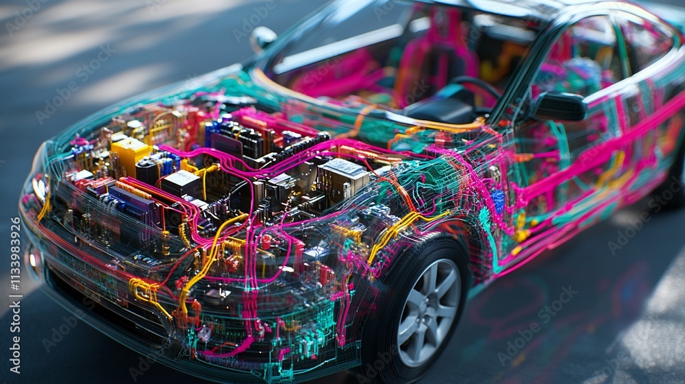 Poster A transparent car model showcasing intricate internal circuitry and components.