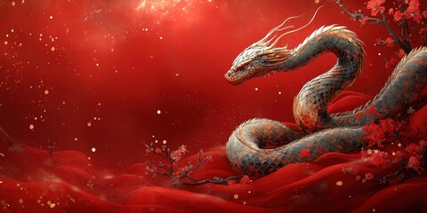 Obraz premium A mystical snake weaves through a vibrant red landscape, embodying power and elegance amidst a backdrop of blossoms. Chinese New Year, festival, decoration, greeting card, banner, poster