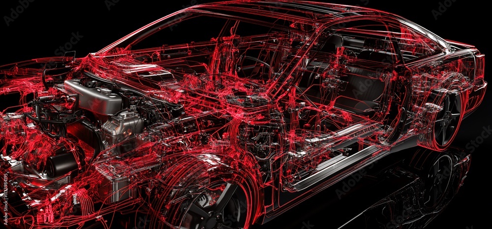 Poster A transparent car rendering showcasing its internal components in red.