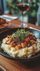 A hearty dish of mashed potatoes topped with seasoned meat and vegetables, served with wine.