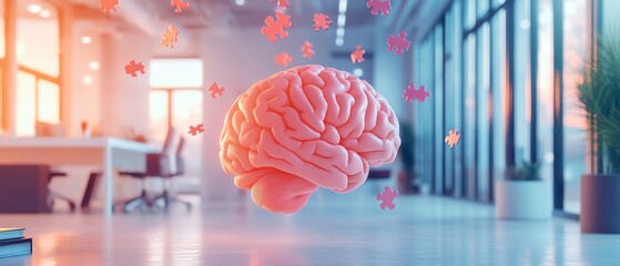 A vivid pink brain in a modern office, with colorful puzzle pieces floating around, symbolizing the complex mental processes behind creativity and idea generation