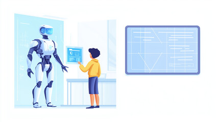 Fototapeta premium 2D illustration of A cyborg guiding a student with holographic career options in a minimalist office. 