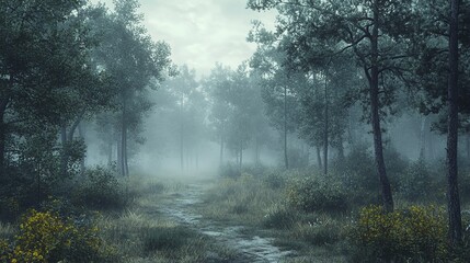 A foggy forest with silhouettes of trees and a mysterious atmosphere.
