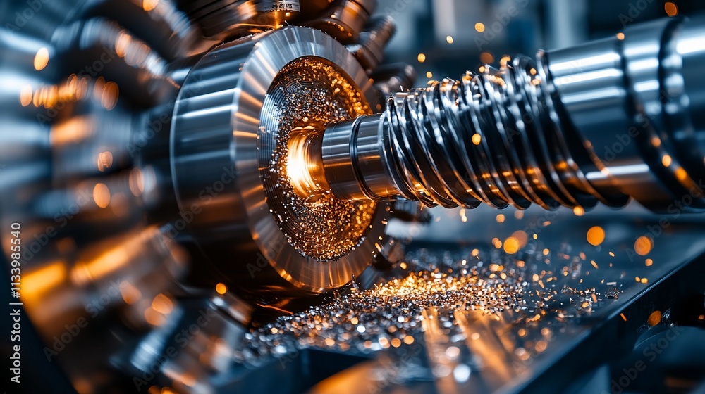 Poster Close-up of a precision machining process with sparks and metal components.