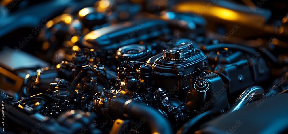 Poster close-up of a detailed automotive engine showcasing intricate components.