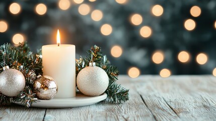 Cozy Christmas Scene Featuring a White Candle Surrounded by Golden Ornaments and Evergreen Twigs on a Wood Table with Blurry Festive Lights in the Background