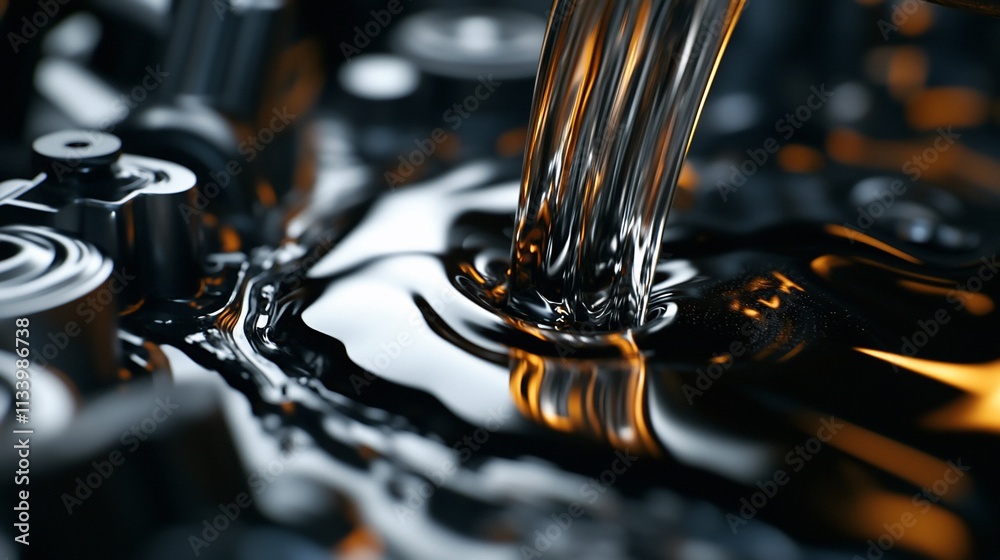 Aufkleber close-up of oil pouring into a container, creating ripples in liquid.