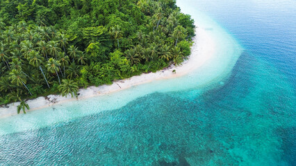 Aerial view of beautiful tropical island with white sand beach, turquoise sea and coconut palm trees