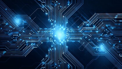 Fototapeta premium Dark blue circuit board with glowing nodes and connecting lines.