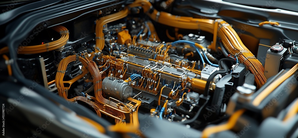 Poster Close-up view of a complex engine with intricate wiring and components.