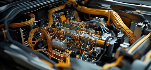 Close-up view of a complex engine with intricate wiring and components.