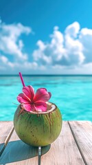 A refreshing coconut drink with a pink flower, set against a vibrant ocean backdrop.