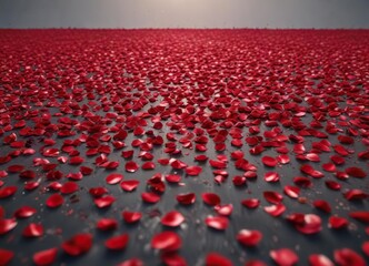 Fototapeta premium a sea of bloody red rose petals stretching out to infinity across a vast, empty space, infinite, red, empty