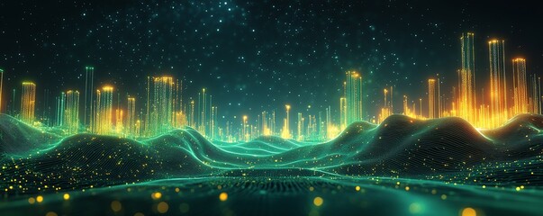 Obraz premium A digital landscape with data servers glowing in green and gold, surrounded by abstract futuristic patterns, symbolizing the power and innovation of technology