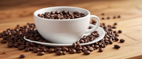 Obraz premium Coffee beans scattered around a white cup on a wooden board in natural morning light , morning sunlight, natural lighting