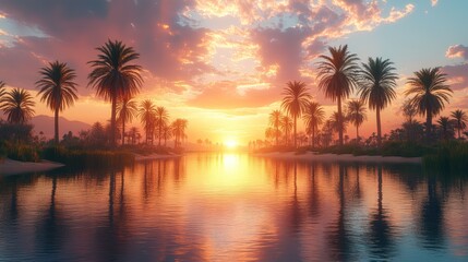 Sunset Paradise: Palm Trees Reflecting on Tranquil Waters
