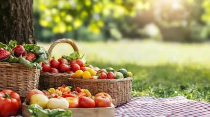 Freshly Harvested Fruits and Vegetables in Baskets on a Picnic Blanket Surrounded by Lush Greenery and Sunlight in a Beautiful Outdoor Setting