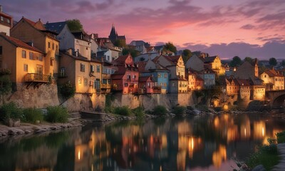 Obraz premium Casas con techo pendiente y tejado de pizarra al atardecer por el r?o Moldava en Praga , paisaje, praga moldava