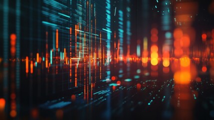 Candlestick chart on a holographic interface, with transparent data points floating against a dark background.