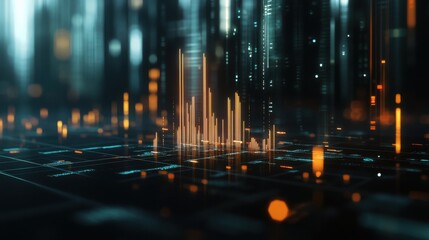 Candlestick chart on a holographic interface, with transparent data points floating against a dark background.