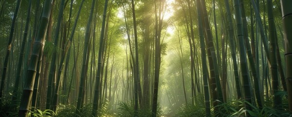 Fototapeta premium Bamboo forest with sunlight filtering through dense foliage, natural, tranquility, filter