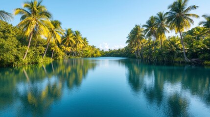 Obraz premium Serene Tropical Lagoon Surrounded by Lush Greenery and Tall Palm Trees Under a Clear Blue Sky, Ideal for Relaxation and Nature Photography