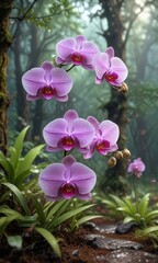Fototapeta premium Blooming Orchids in a Dewy Forest Environment , bloom, dew, greenery