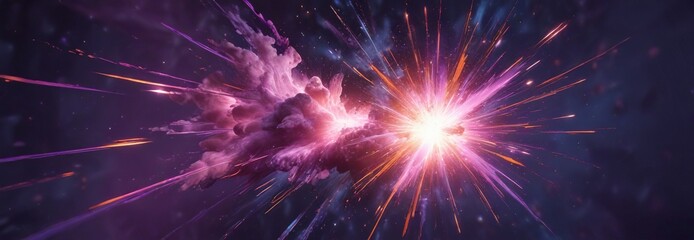 Fototapeta premium Pink star explosion against a deep blue background with swirling purple and orange hues , nebula, space, abstract art