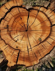 Tree stump with visible age rings and insects, decay, nature