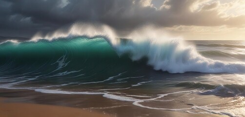 Fototapeta premium Big rolling wave in stormy weather with spray on the shore, surf and foam, stormy tide, sea