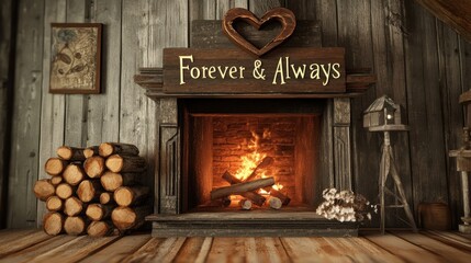 A rustic cabin room with heart-shaped logs stacked near the fireplace and "Forever & Always" in vintage serif type on a carved wooden sign on the mantel.