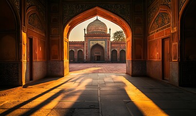 An archway leading to the grand dome of an Islamic mosque, with intricate geometric patterns on its walls and arched doorways casting long shadows during the golden hour 