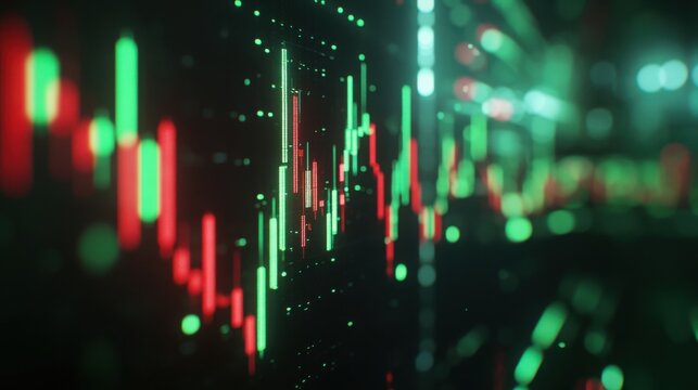 Close-up of a fluctuating forex trading graph with green and red candlestick bars, sharp spikes, and valleys.