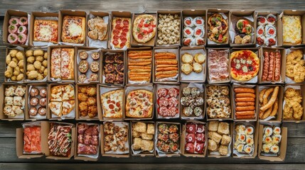 Variety of appetizers in cardboard boxes on wooden surface.
