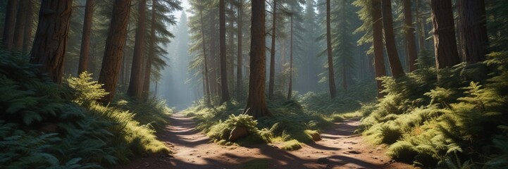 Narrow passageway through dense coniferous woods, foliage, narrow passage