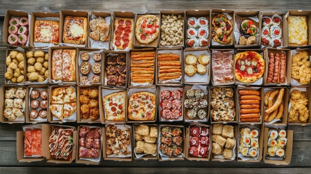 Variety of appetizers in cardboard boxes on wooden surface.