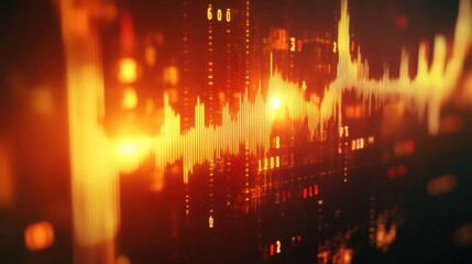 Digital rendering of a stock market trend line, candles rising and falling with bright financial indicators.