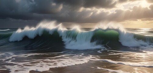 Fototapeta premium Big rolling wave in stormy weather with spray on the shore, stormy weather, stormy coast