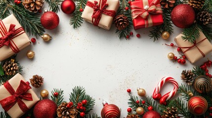 Assorted Christmas Gifts with Red and Gold Trinkets on a Pristine White Background, Abundance of Holiday Cheer