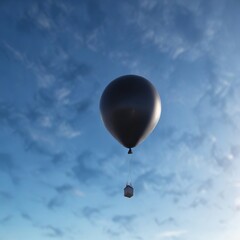 Fototapeta premium A black balloon is seen suspended in mid-air within a vast expanse of bright blue clear morning sky, black balloon, clear, clouds