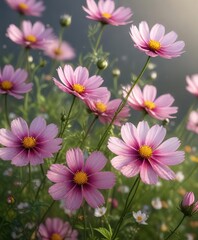 Cosmos flowers unfolding their delicate petals in the morning dew , soft, delicate