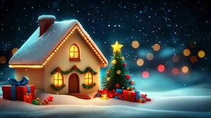 Fototapeta premium Cozy Christmas Cottage in a Winter Wonderland Festive Holiday Home Scene