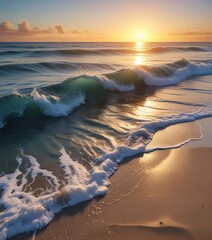 Naklejka premium Water waves in shades of blue and gold gently lapping against the shore or beach at sunset, waves, gold